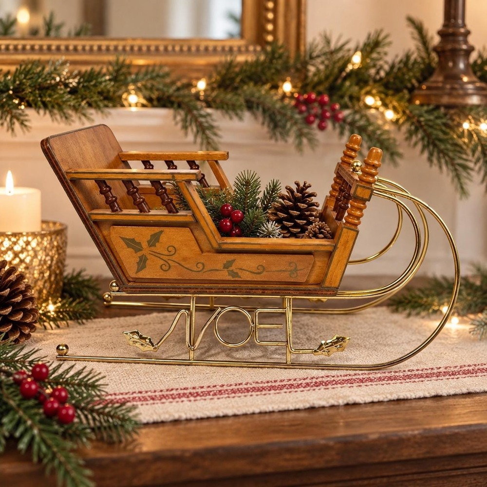 Vintage Wooden Christmas Sleigh Decor Brass NOEL Runner Holly Farmhouse Holiday